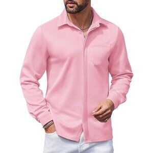 Pink Men's Long Sleeve Wrinkle Free Casual Button Down Untucked Dress Shirt